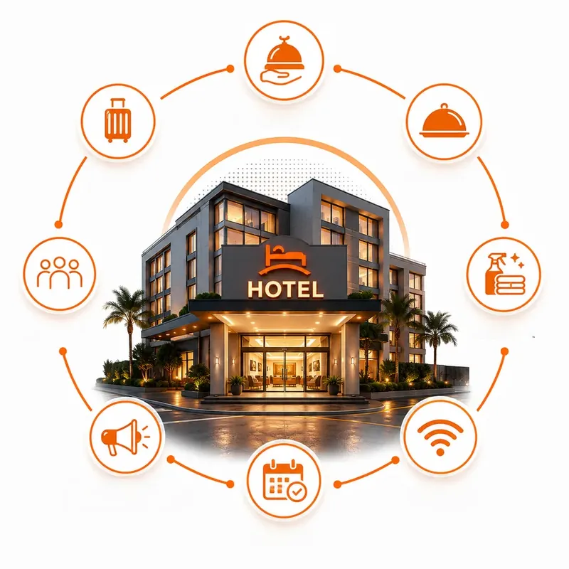 Hotel — reservas, check-in, room service, restaurante, housekeeping e concierge