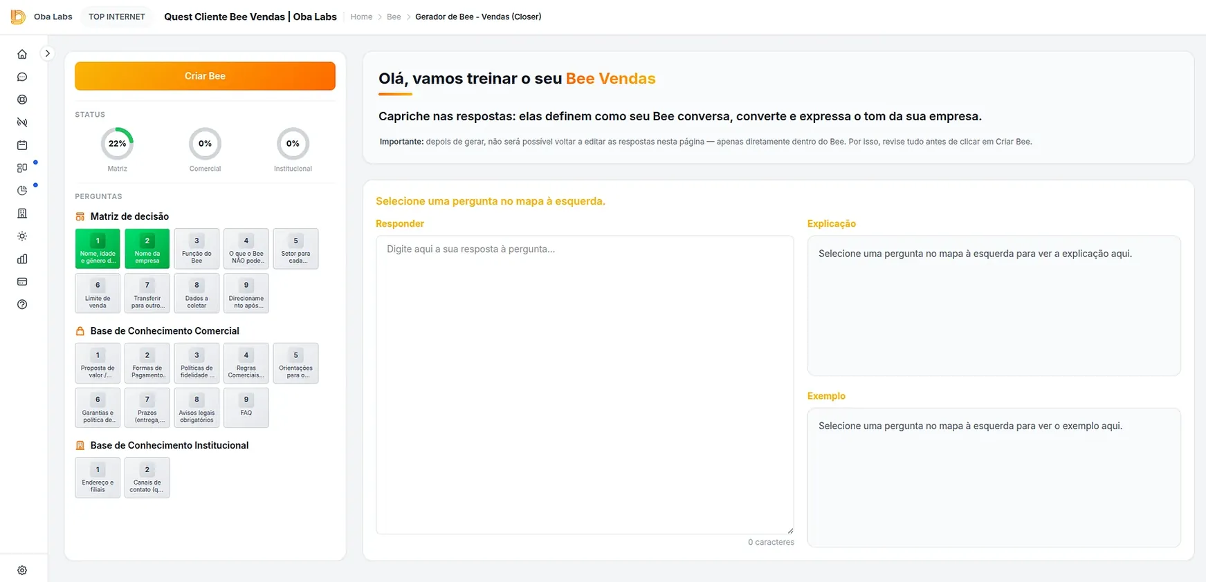 Quest Cliente — questionário guiado para treinar o agente e configurar o funil CRM